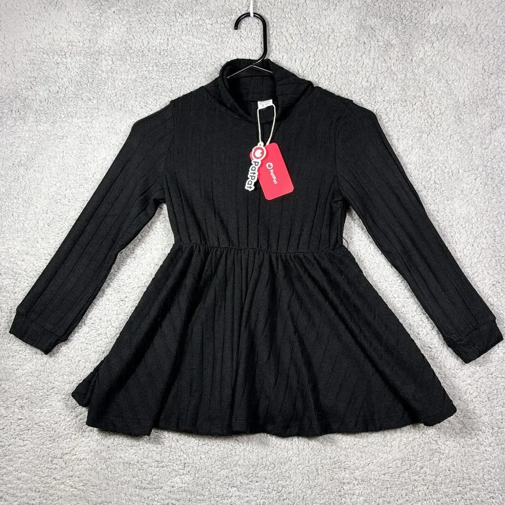 Patpat Ribbed Dress Girls 8-9 Y Black Polyester Blend Long Sleeve Mock‎ Neck NWT